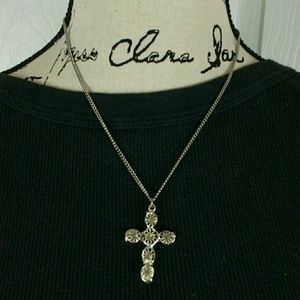 Silver tone rhinestone cross necklace, 17" long